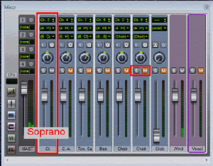 Sibelius mixer showing soprano track un-muted